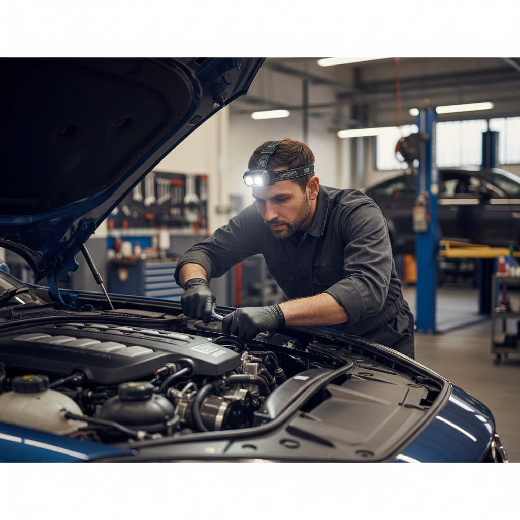 Mechanic using a hands-free work headlamp while repairing a car engine bay