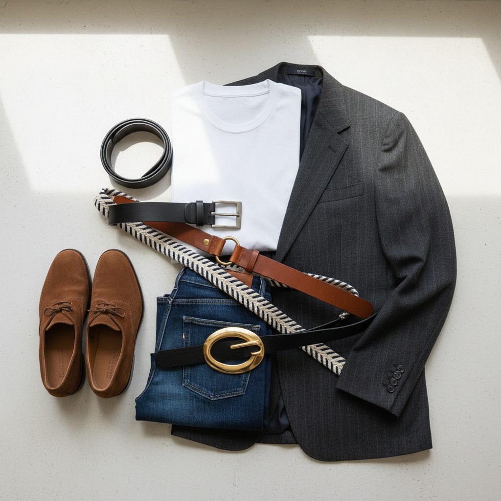 Flat lay of belts with jeans, blazer, and white tee for belt styling outfits