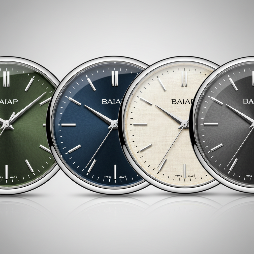 Close-up of watch dial colors and textures including green, blue, and off-white