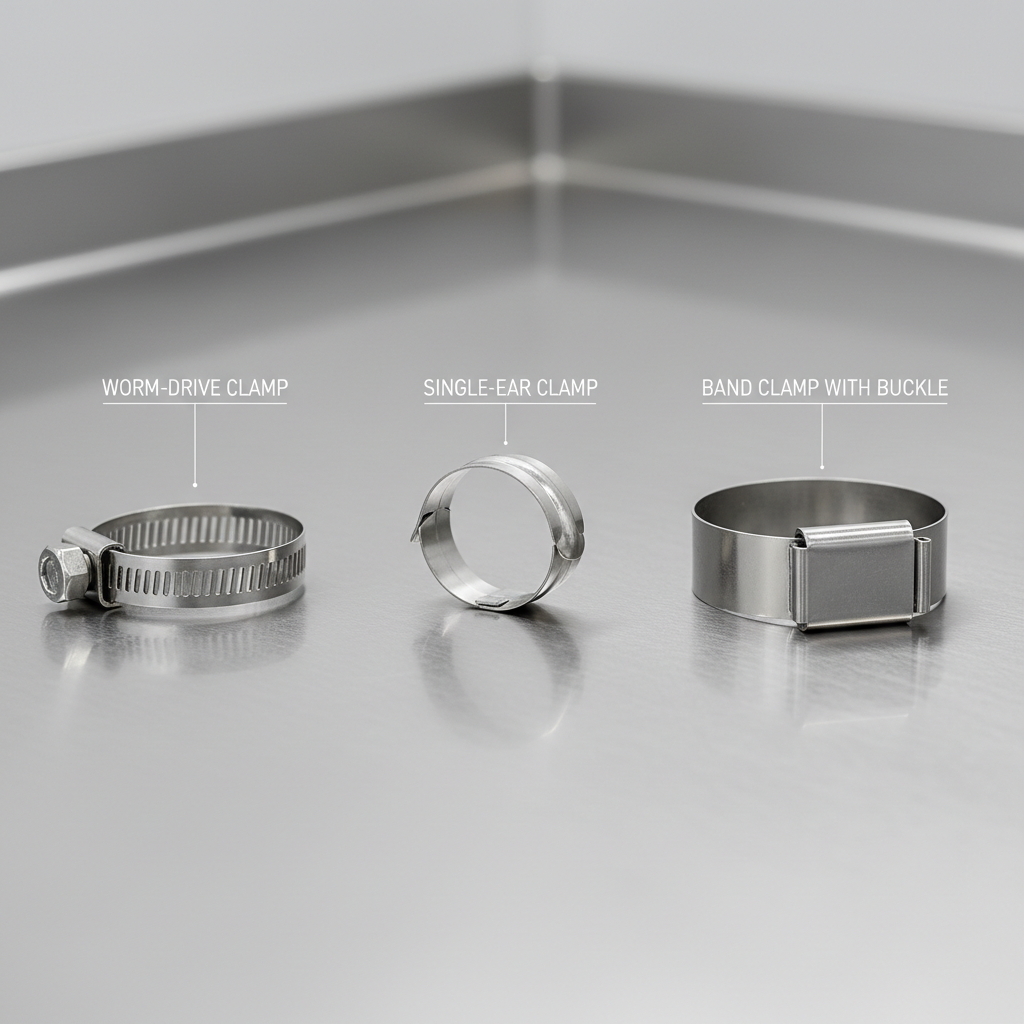 Different hose clamp types compared: worm drive, ear clamp, band clamp