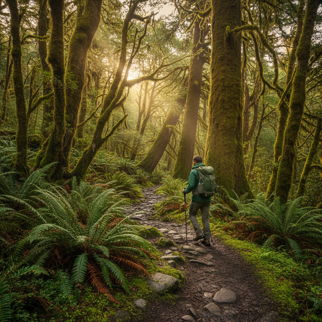 Hiker on a damp temperate forest trail with mossy trees and soft light