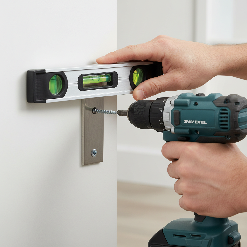 Installer using a level and drill to mount bracket with toggle anchors in drywall