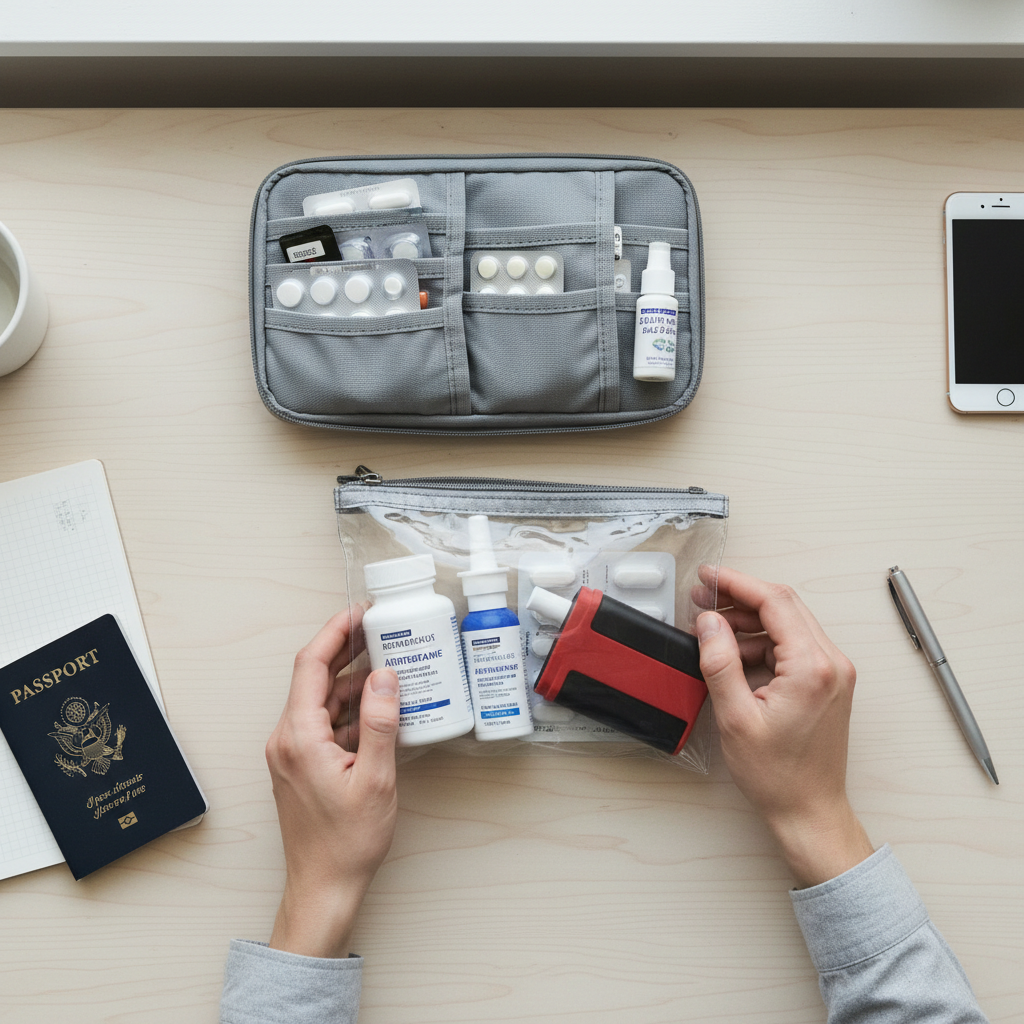 Traveler packing allergy medications in a clear carry-on pouch
