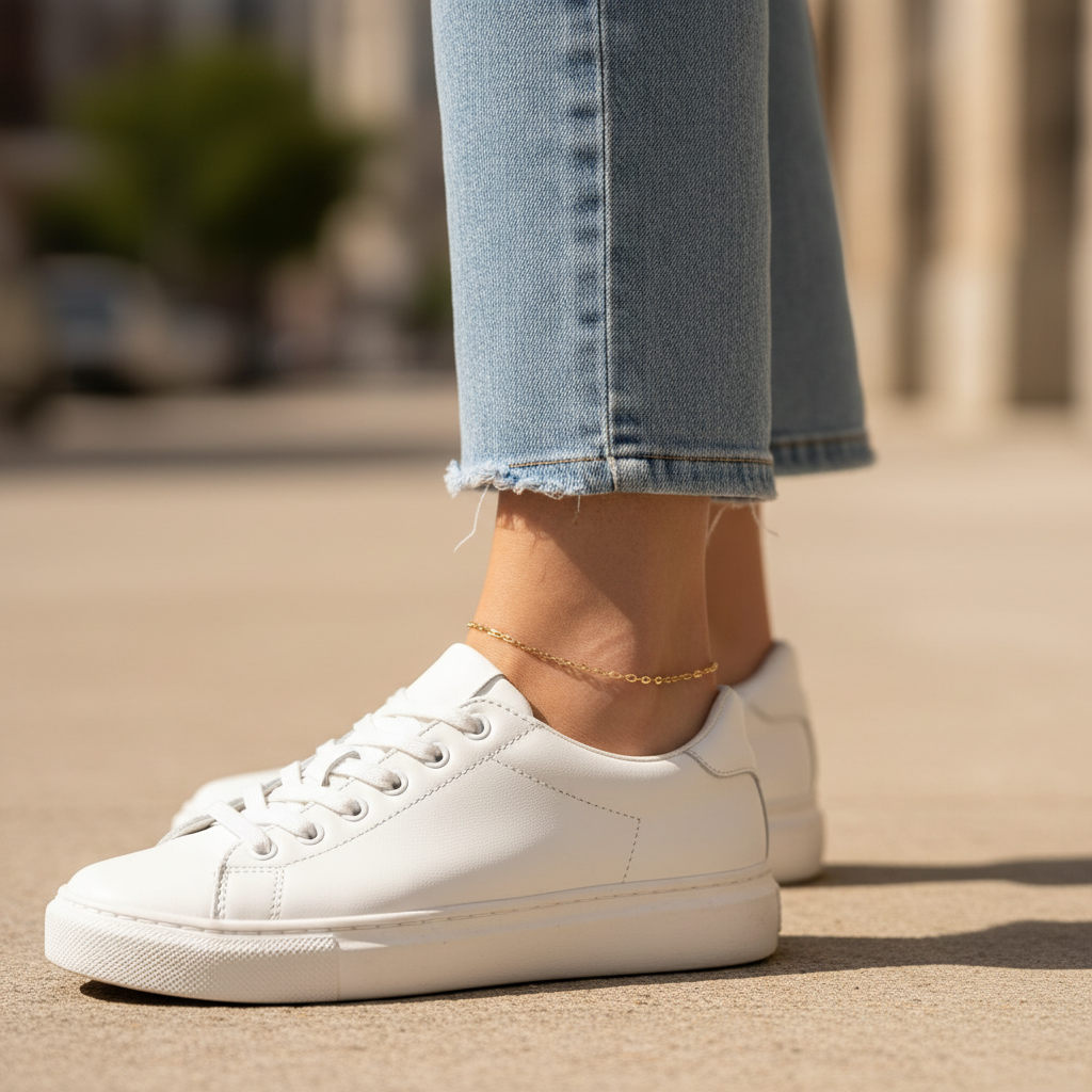 Minimal gold anklet bracelet styled with white sneakers for everyday fashion