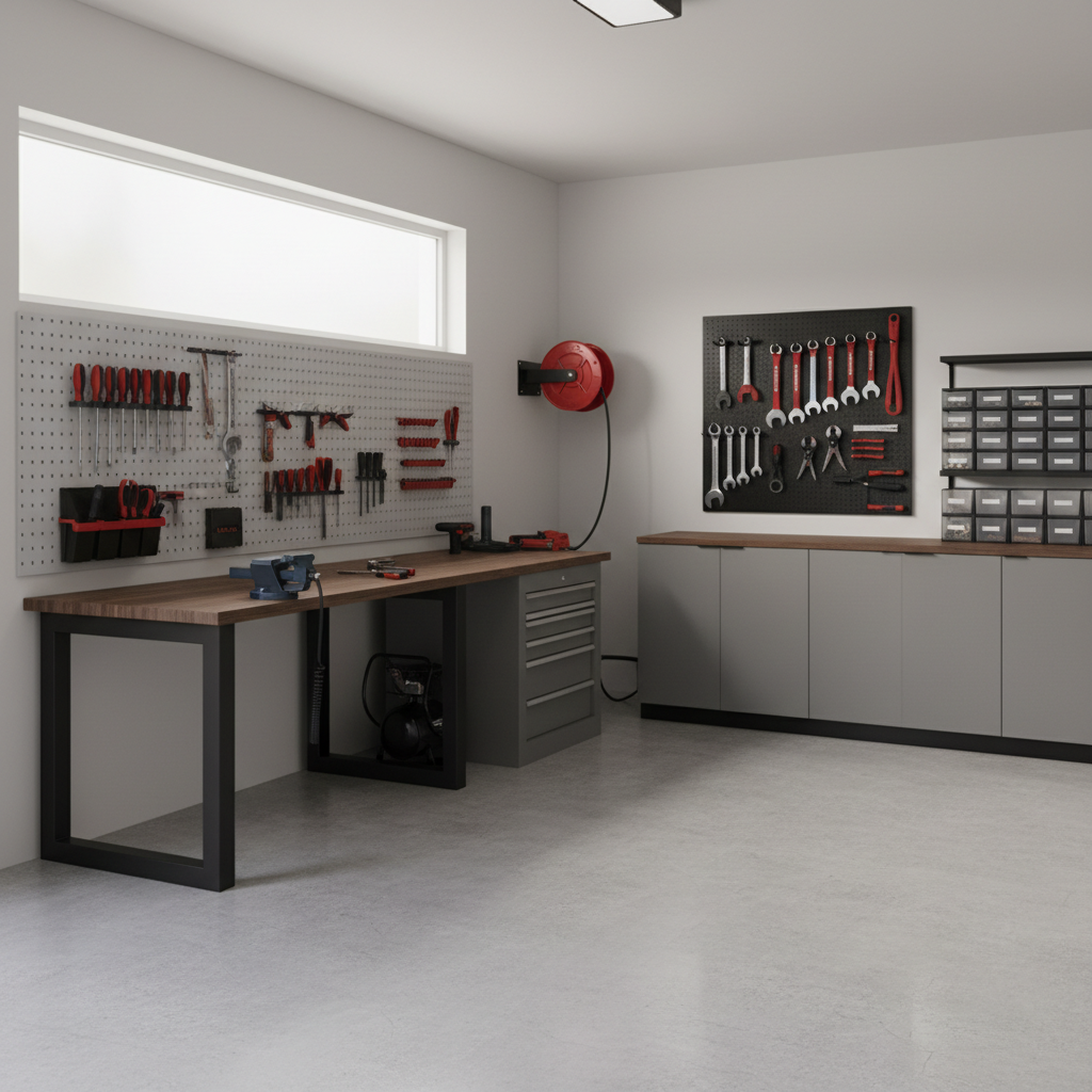 Wall-mounted retractable air hose reel in a tidy garage workshop