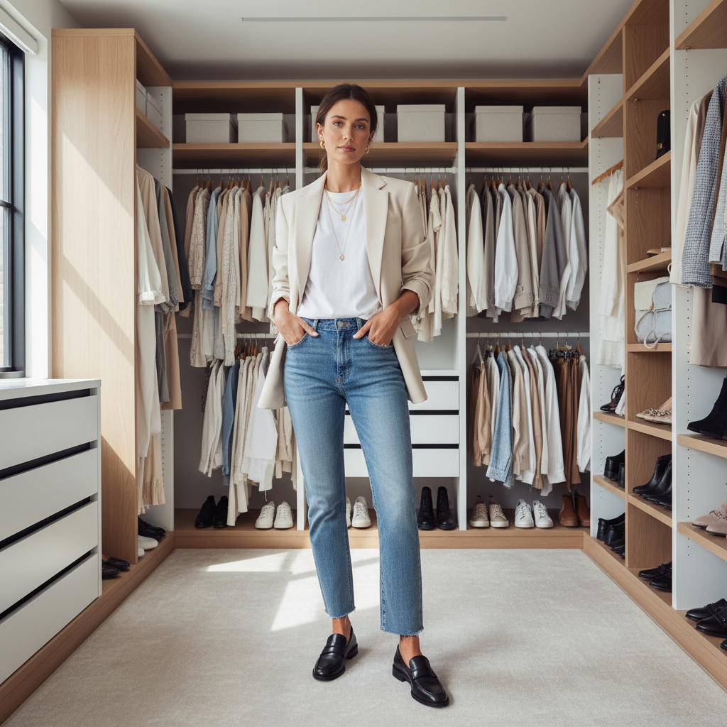 Casual chic outfit formula with blazer, jeans, and loafers