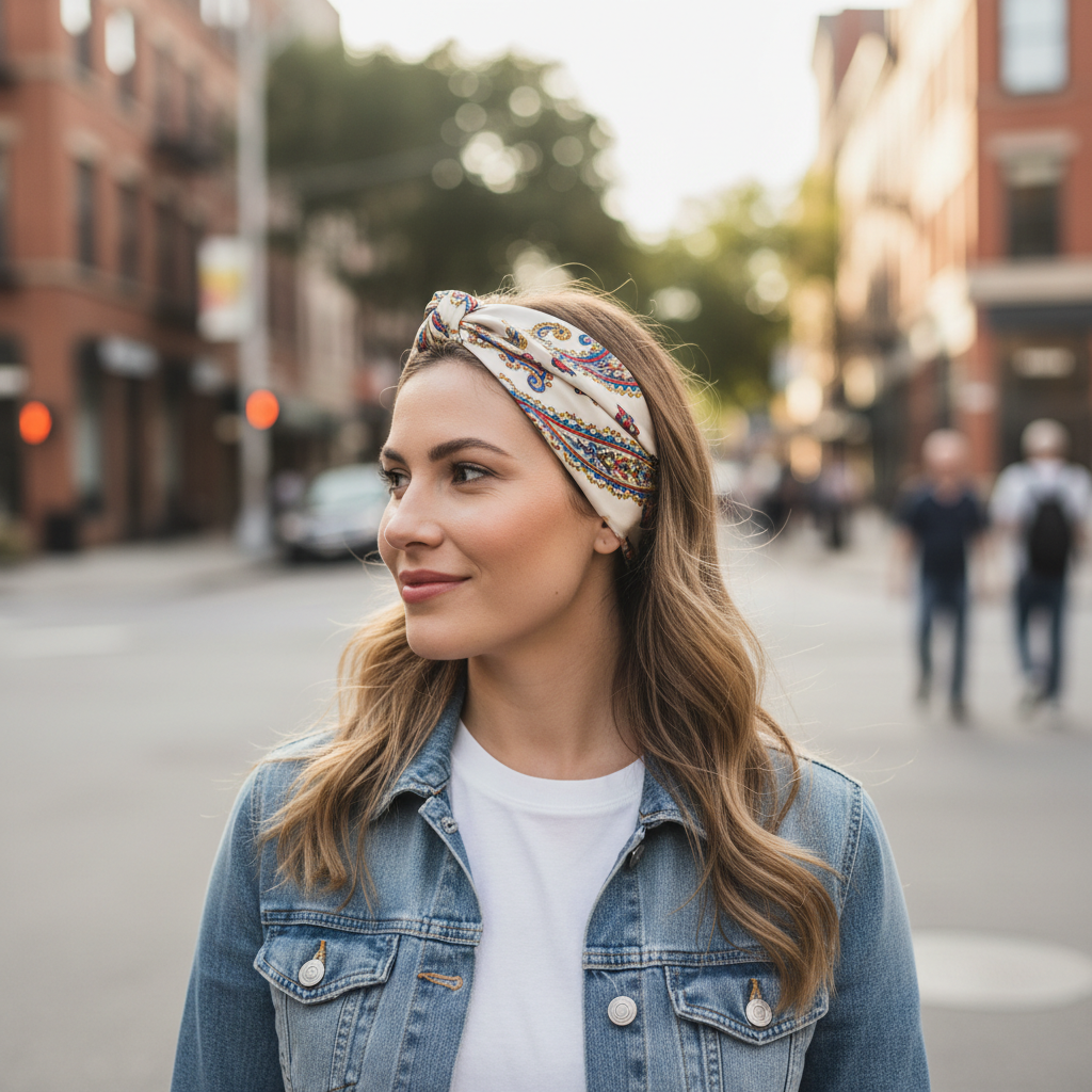 Woman wearing a silk scarf as a hair accessory with a casual outfit