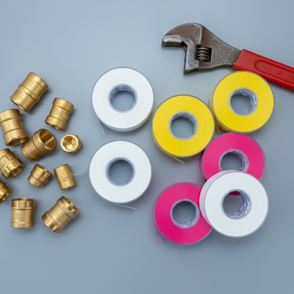 Different colors of PTFE thread seal tape used by plumbers on various pipe materials