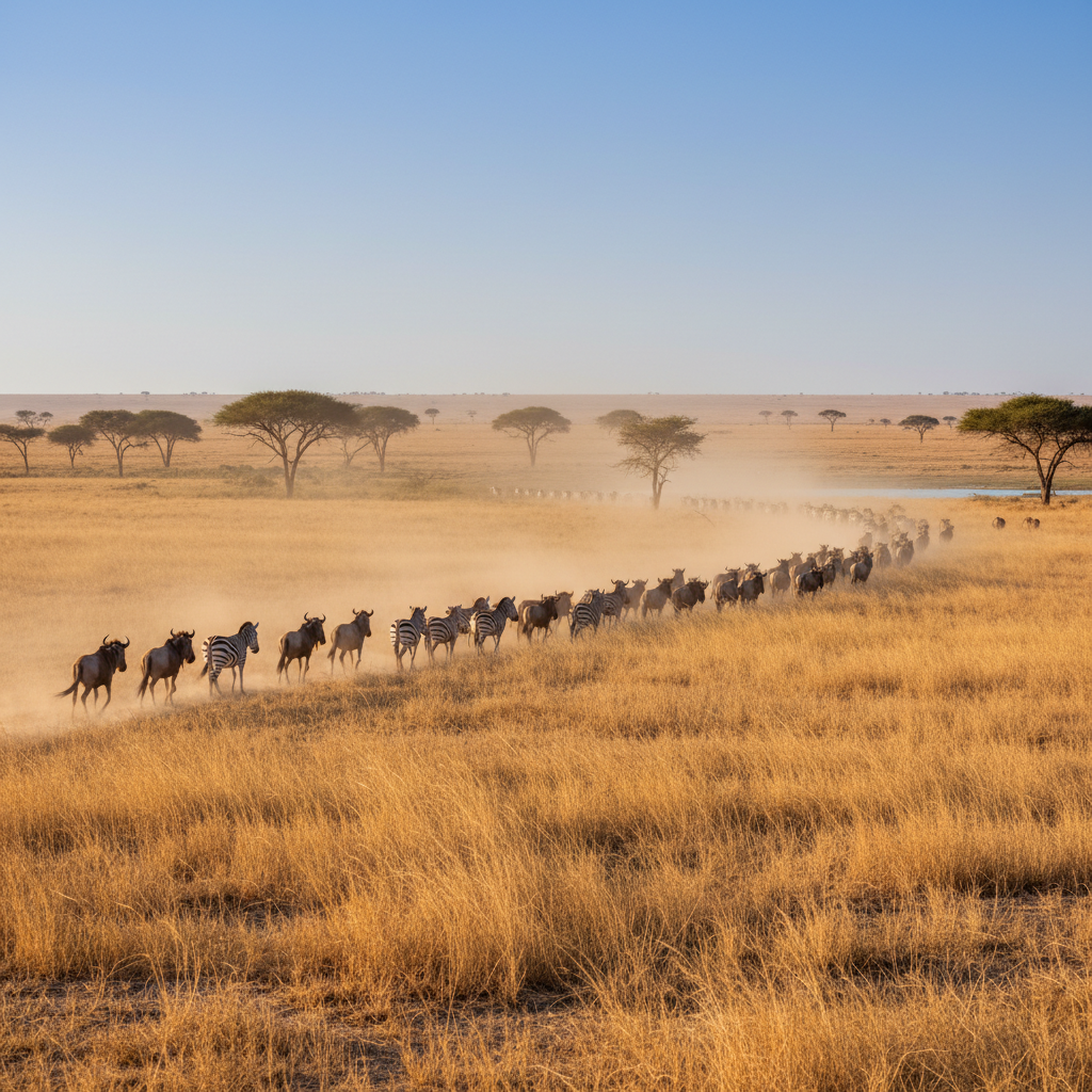Savanna landscape with acacia trees and migrating herbivores during dry season