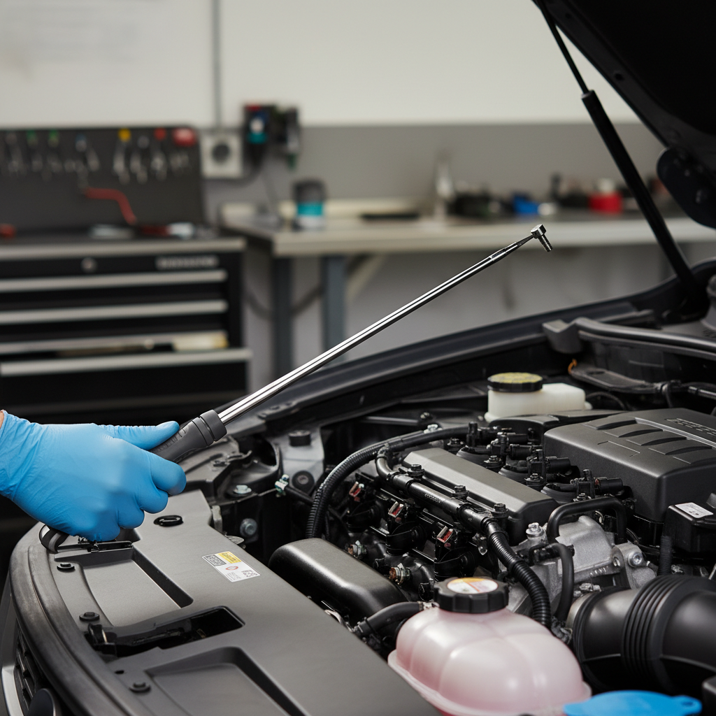 Retractable pick tool set reaching behind a car engine to retrieve a dropped bolt