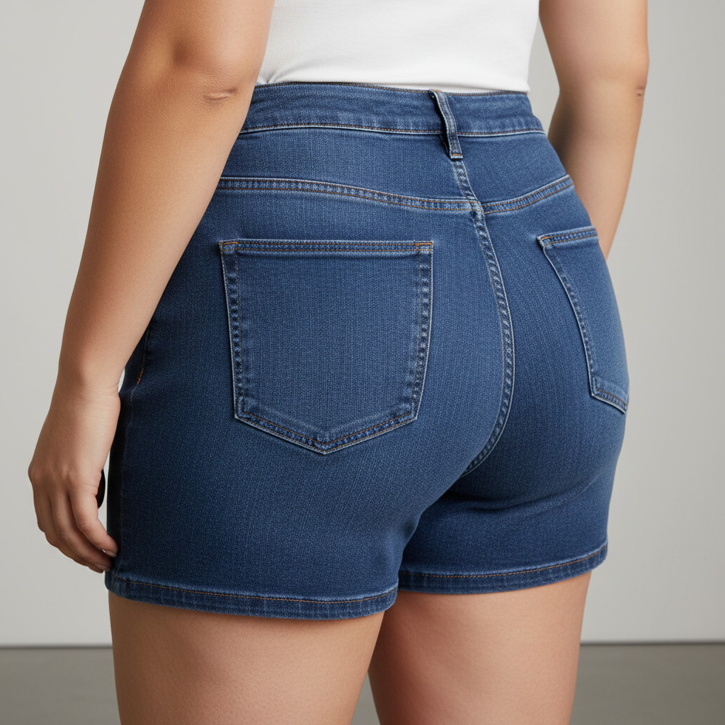 Close-up of waistband fit showing back waist gap on high waisted shorts