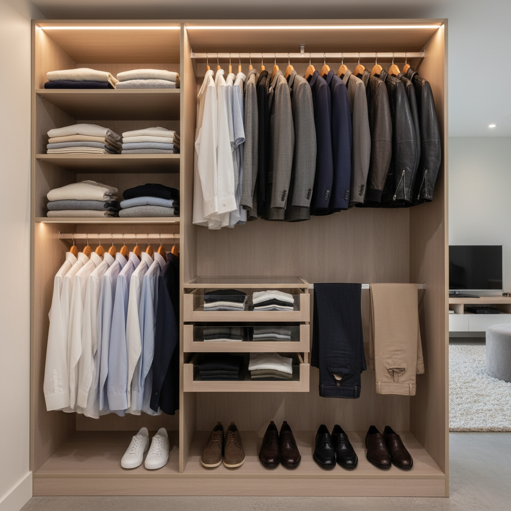 Men’s closet organization with essentials grouped by category and color