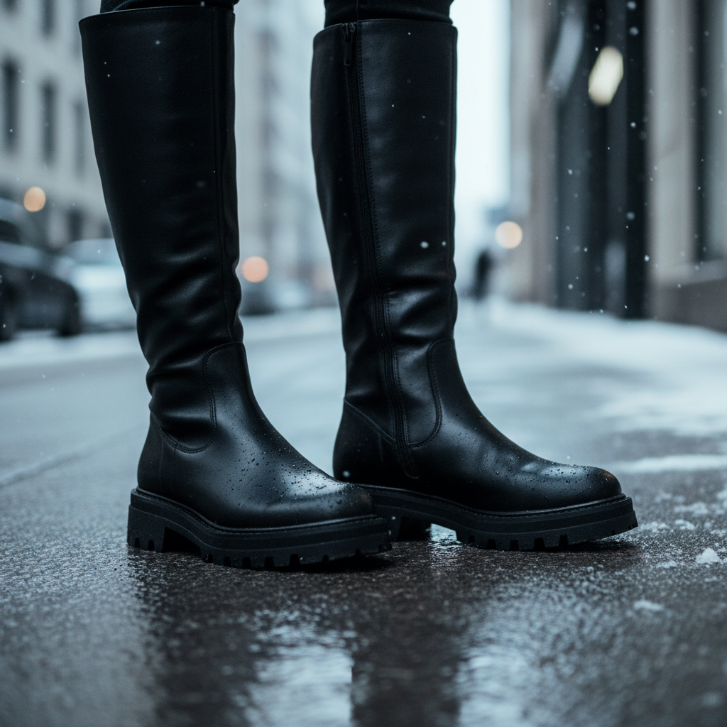 Close-up of knee high boots with grippy sole on wet winter sidewalk