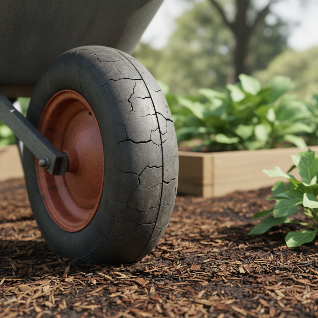 Wheelbarrow tire with dry rot cracks and worn tread in a backyard garden