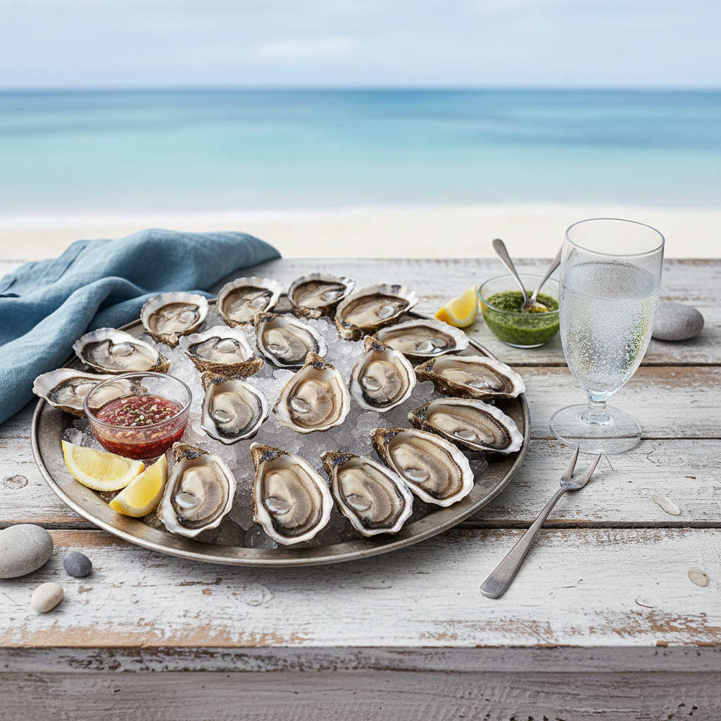 Fresh oysters and seafood platter at a coastal raw bar