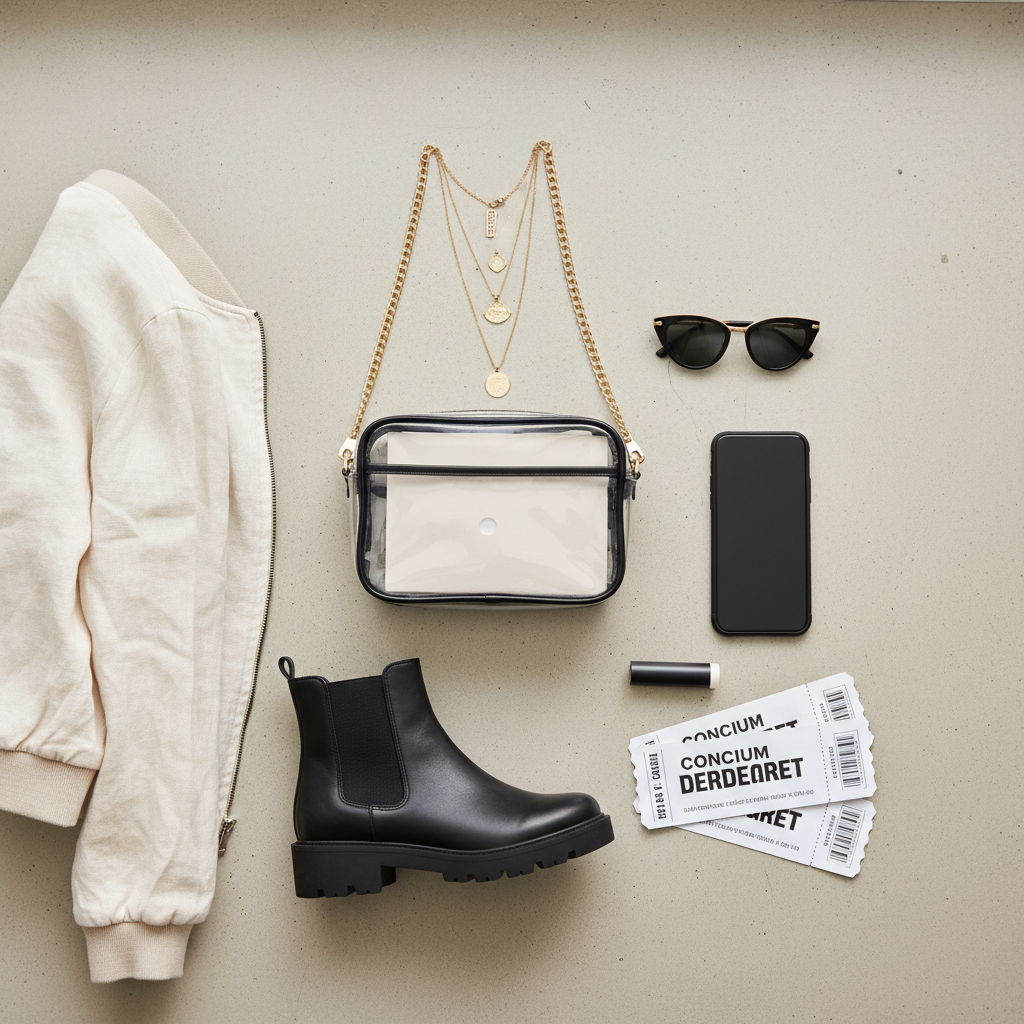 Concert outfit planning flat lay with boots, clear bag, sunglasses, and layers