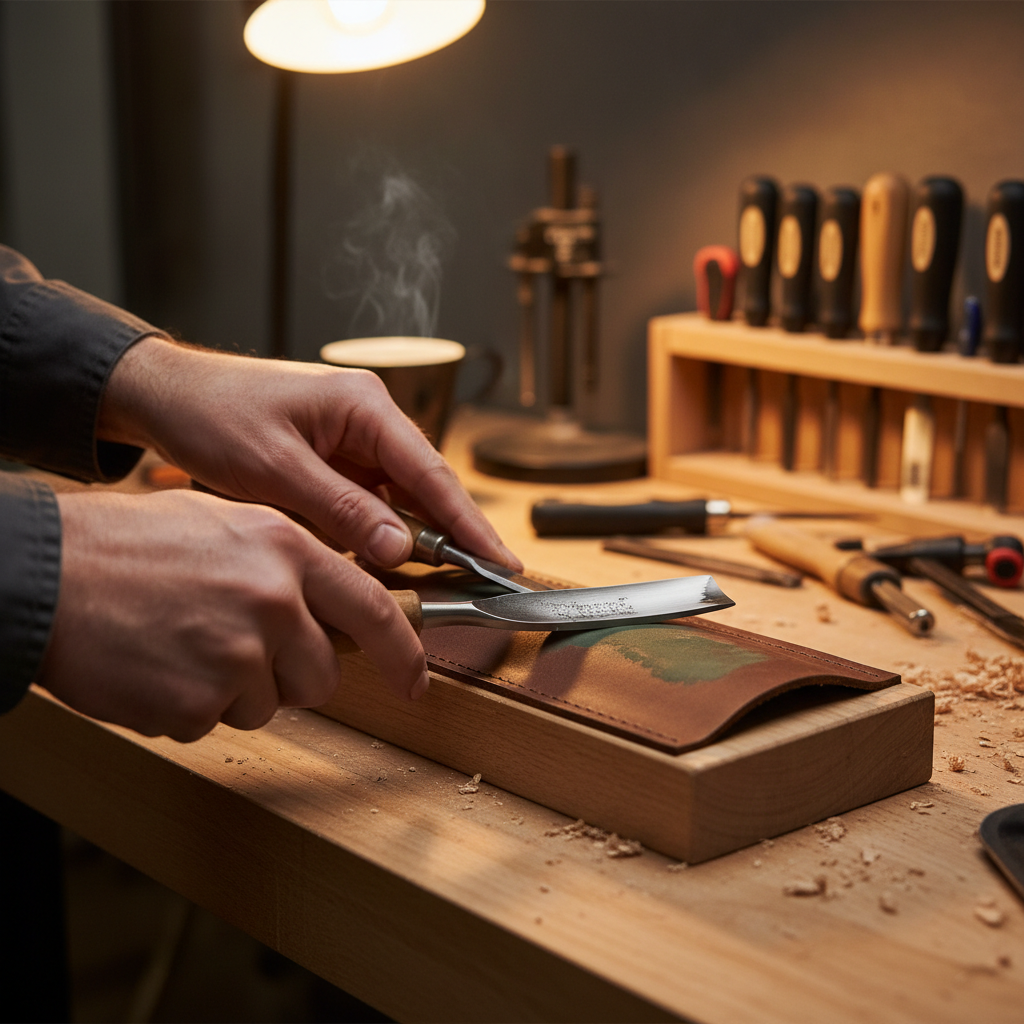 Sharpening and stropping a wood gouge for carving with honing compound