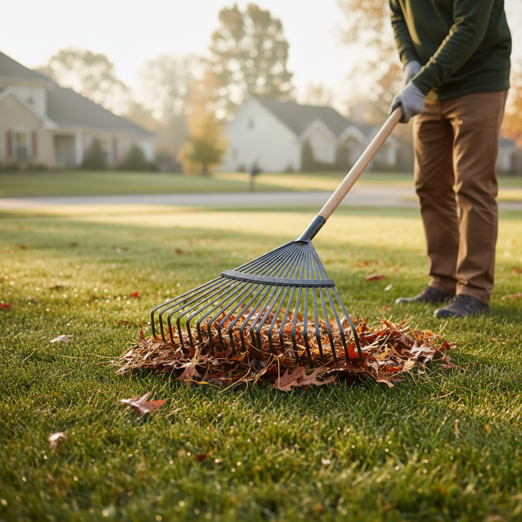 Metal bow rake clearing leaves and thatch from a suburban lawn