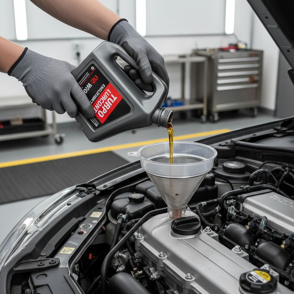 Using a funnel with filter screen to pour motor oil cleanly into an engine