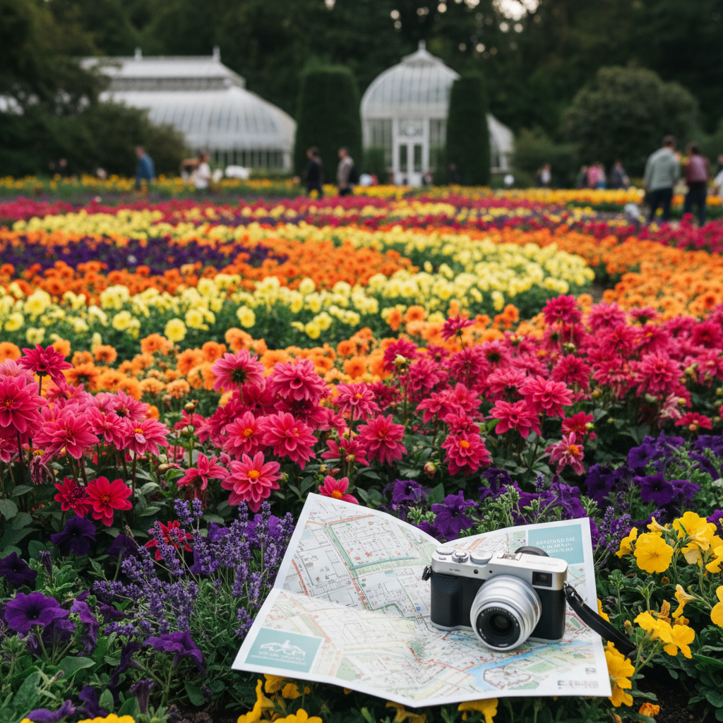 Close-up of a colorful flower bed with a garden map and camera in the foreground