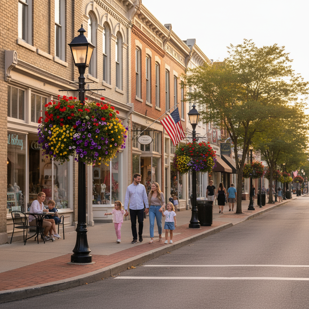 Charming small town main street with local shops and walkable sidewalks