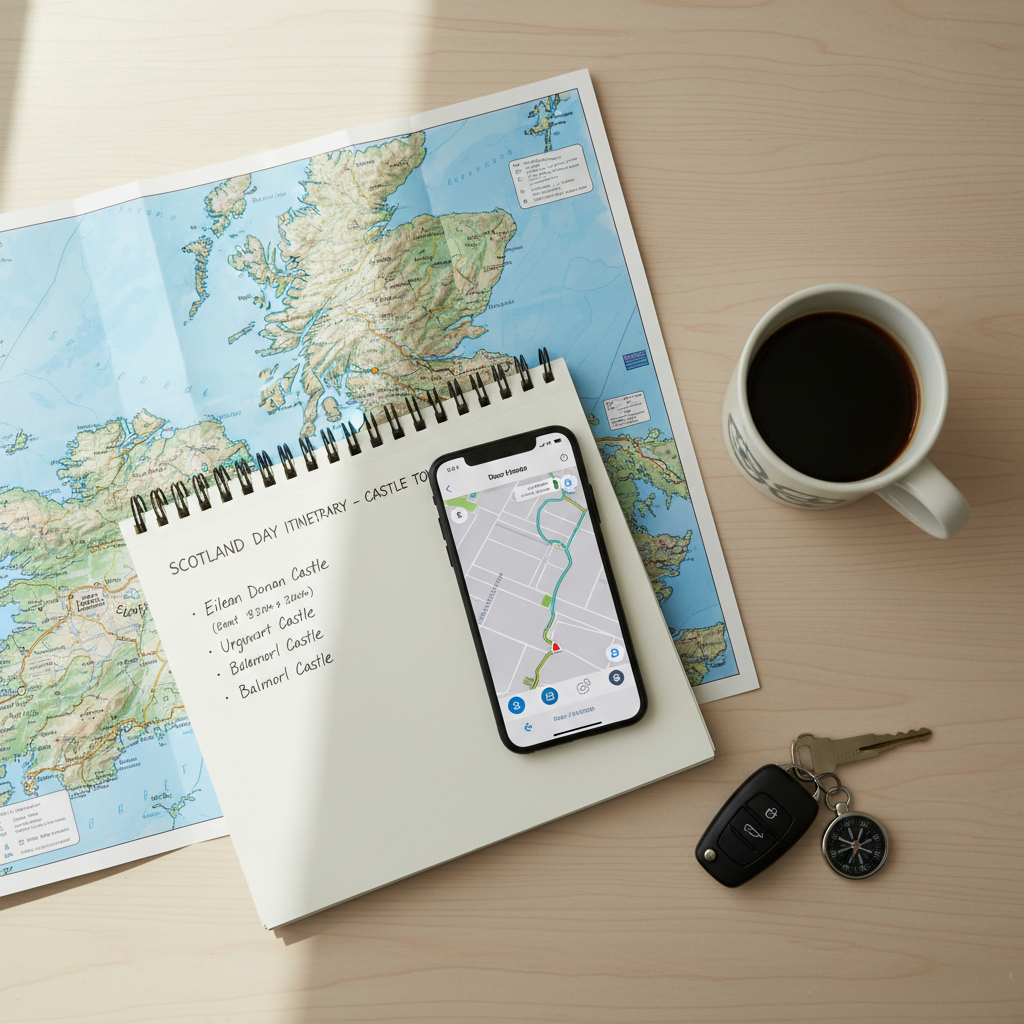 Road trip map planning for Scottish castles on a table with coffee