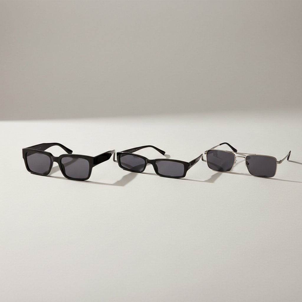 Comparison of square sunglasses styles: chunky acetate vs slim rectangle vs metal square