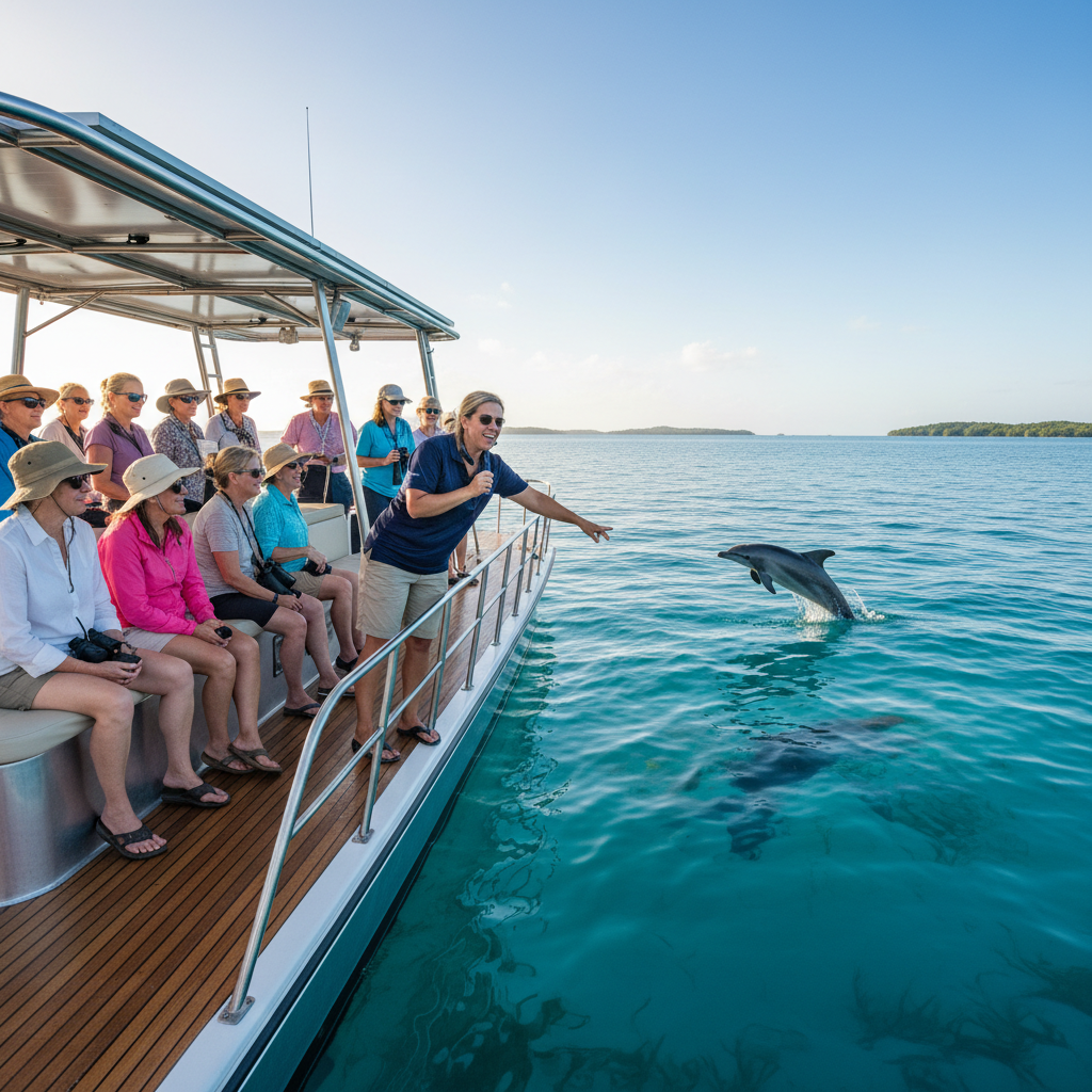 Ethical dolphin watching tour with passengers observing from a respectful distance