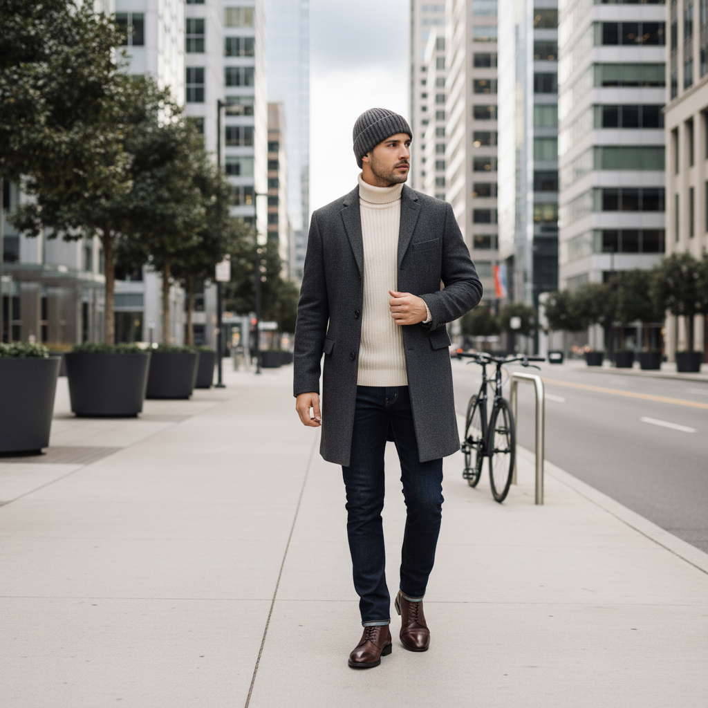 Smart casual winter outfit with fine knit beanie and wool overcoat