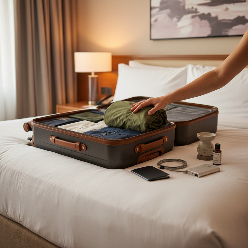 Traveler packing a waterproof wind travel jacket into a carry-on suitcase