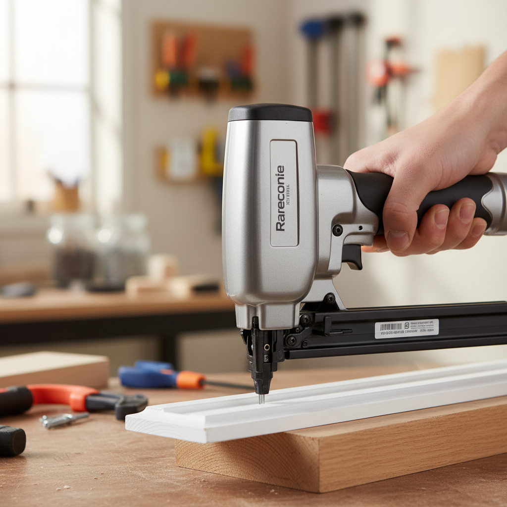 Manual brad nailer hand tool used on small wood trim close-up