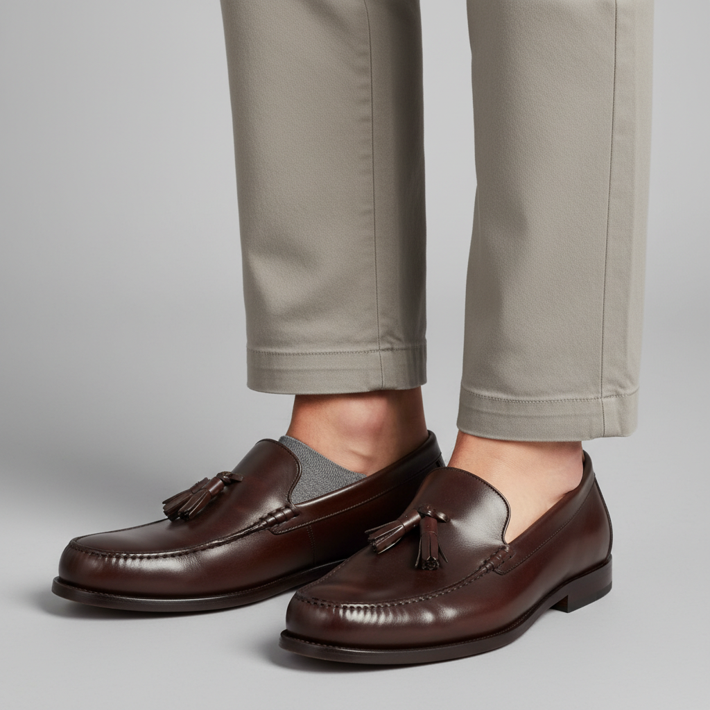 Close-up of loafer with proper pant hem and no-show socks