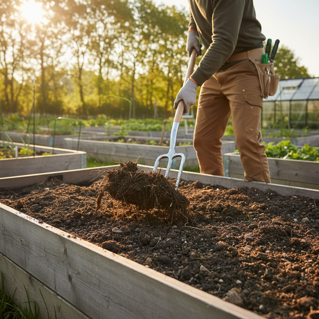 Digging garden fork lifting soil clods in a vegetable bed