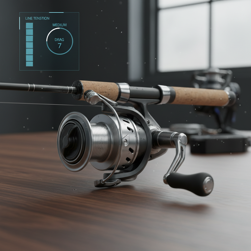 Close-up of fishing reel drag and line tension meter concept for realistic fishing mechanics