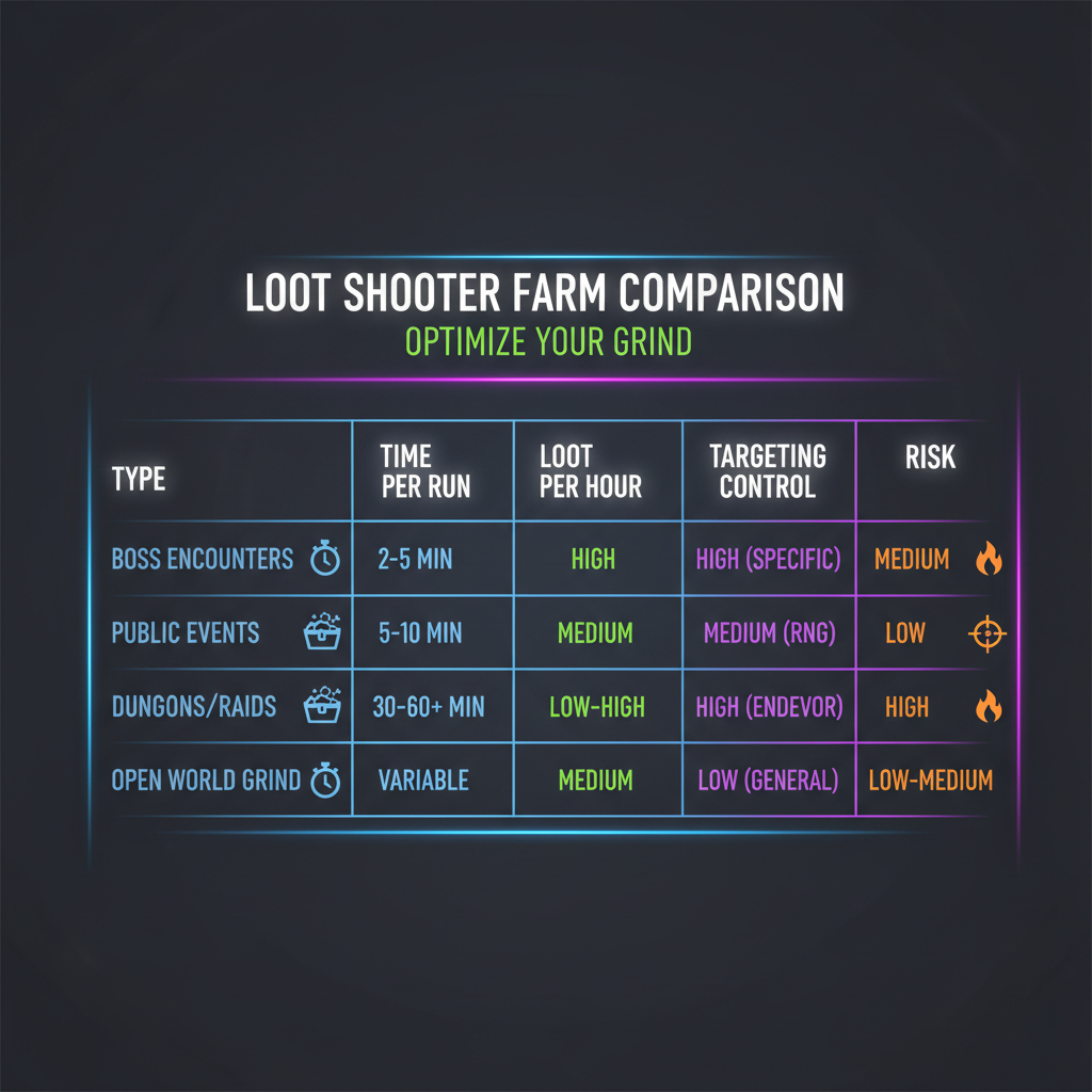 Table comparing loot farm types by time per run and target loot control