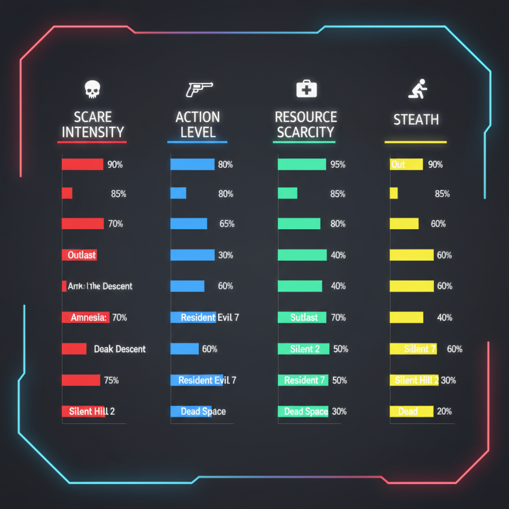 Comparison table concept for survival horror games by scare level, action, and resource scarcity