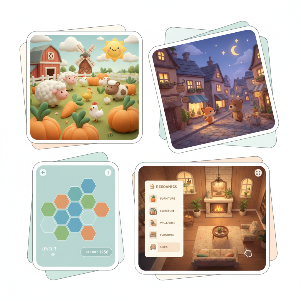 Colorful collage of cozy nonviolent game genres like farming, puzzles, and building