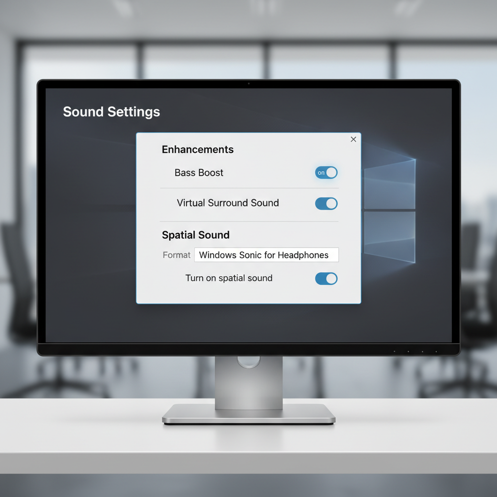 Windows sound settings showing audio enhancements and spatial sound options for sync troubleshooting