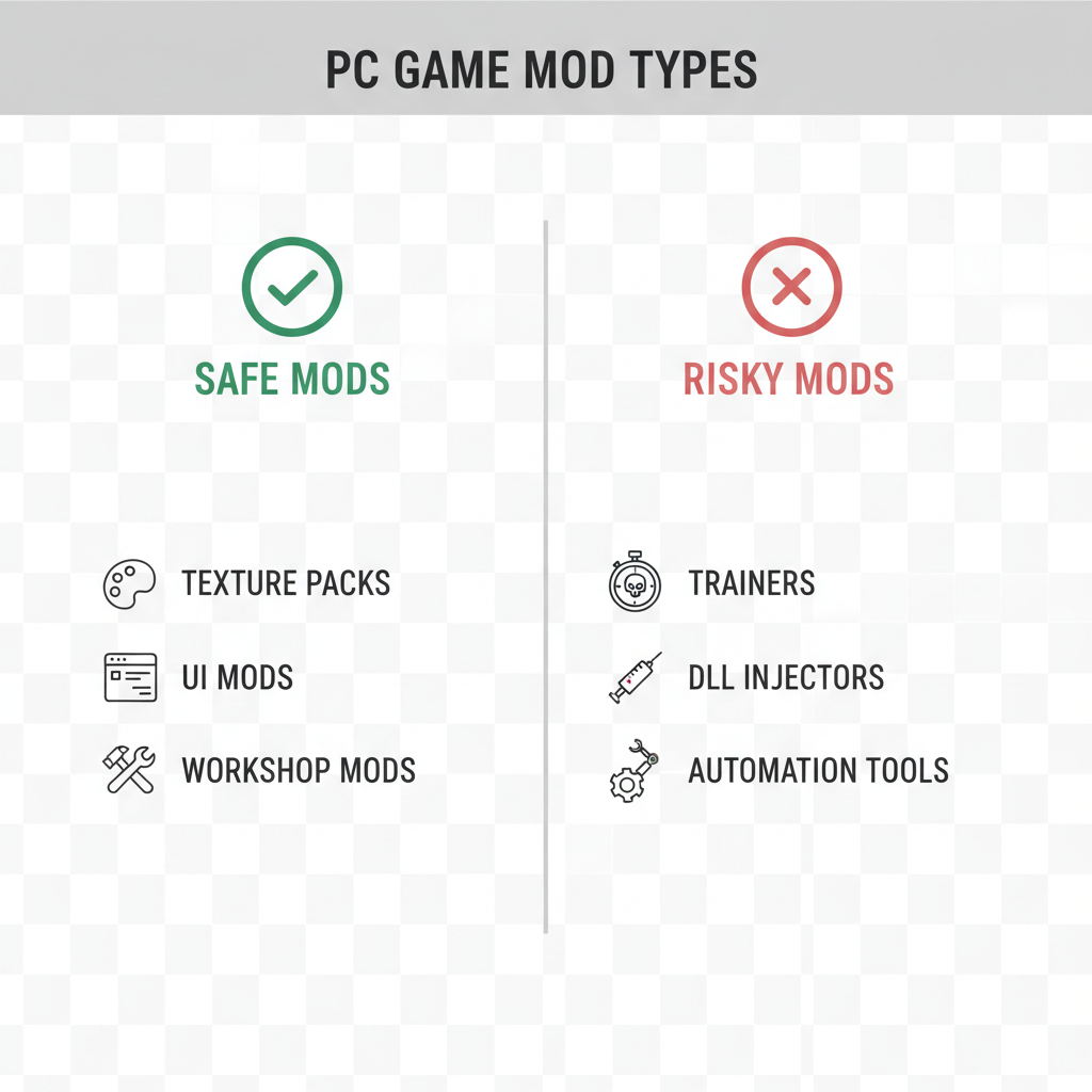 Diagram of safe vs risky game mod types for PC players
