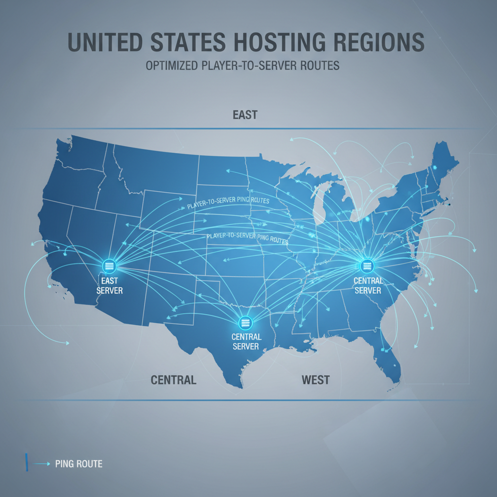 Map of US regions for choosing a game server location with ping lines