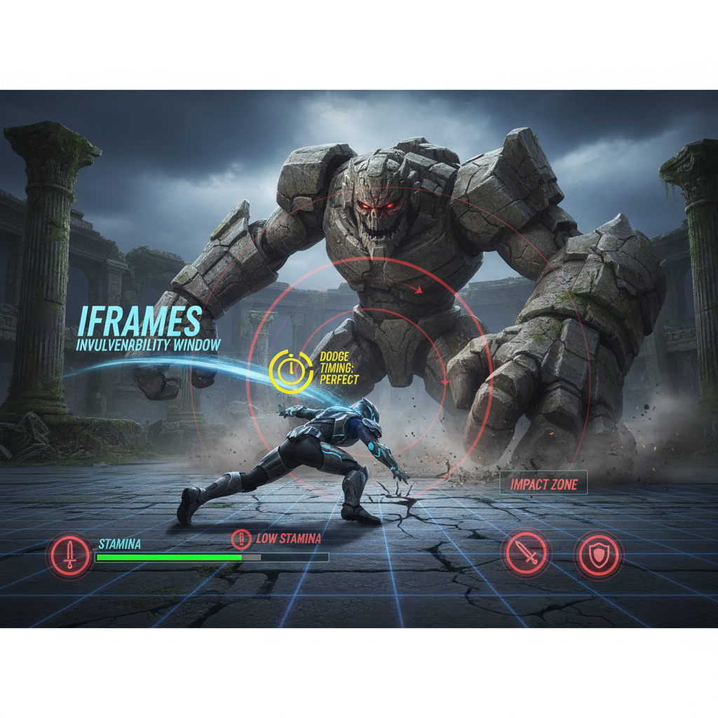 Soulslike boss fight spacing and dodge timing concept