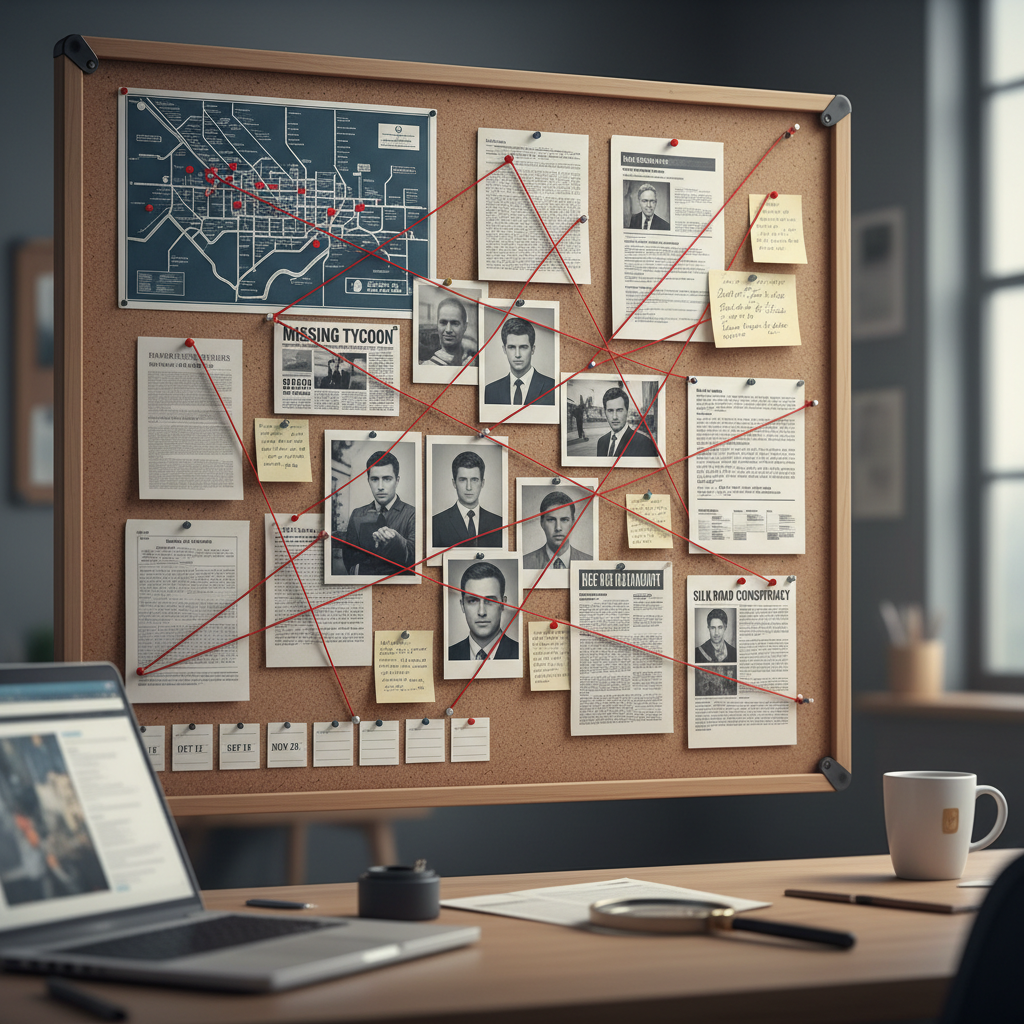 Detective game investigation board with pinned clues and red string