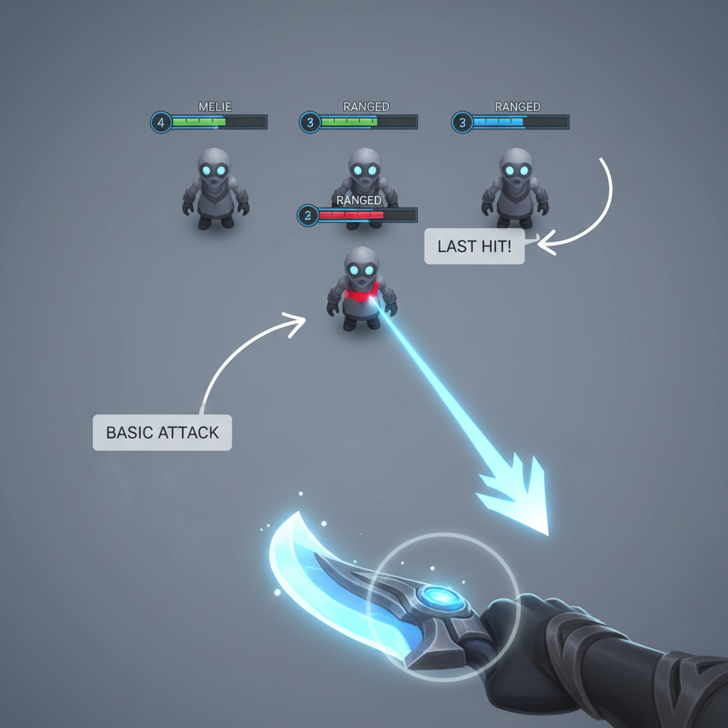 Close-up of minion health bars and attack wind-up timing in a MOBA