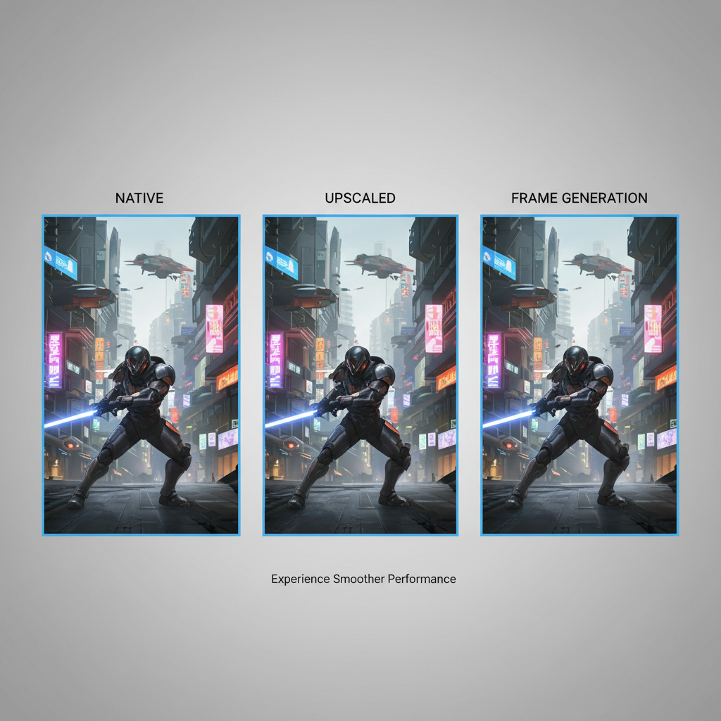 Side-by-side comparison of native vs upscaled vs frame generated gameplay frames