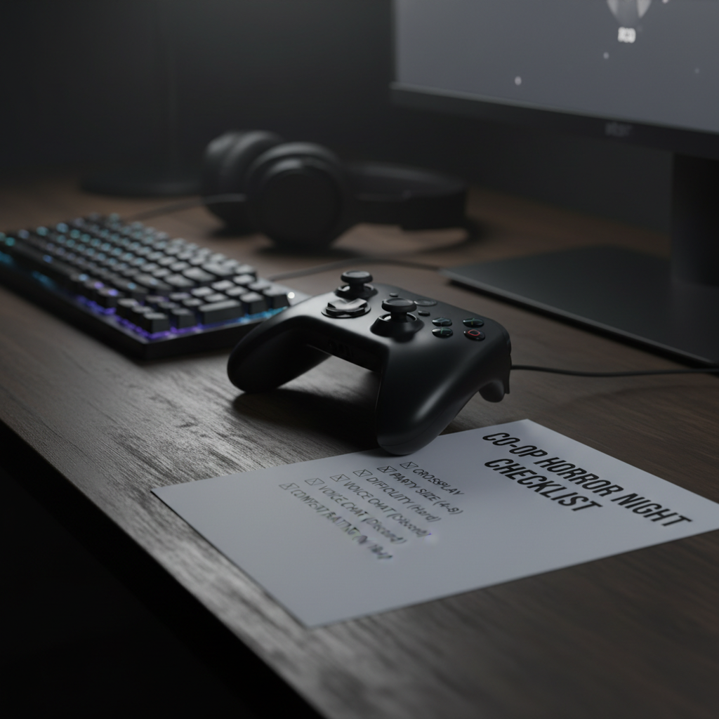 PC and console co-op horror game checklist on a desk with controller and keyboard