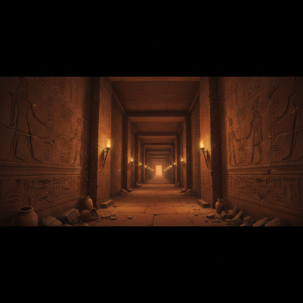 Game-inspired Ancient Egypt tomb corridor with torchlight and hieroglyphs