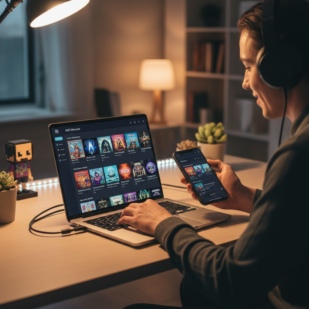 Gamer wearing headphones browsing indie game soundtracks on a streaming app