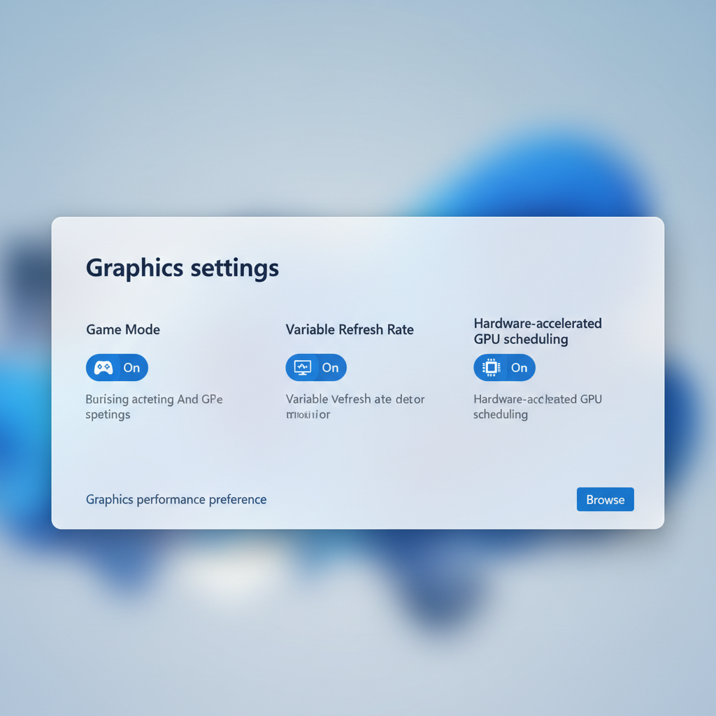 Windows graphics settings screen showing Game Mode, VRR, and hardware-accelerated GPU scheduling options