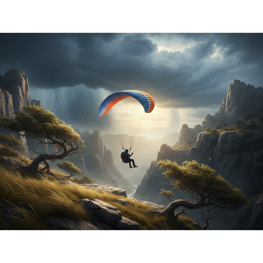 Gameplay-style view of a character gliding through strong wind and weather changes