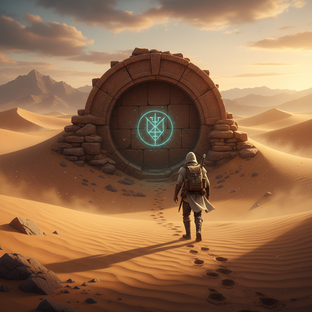 Player exploring a desert ruin entrance and discovering a hidden chamber in an adventure game